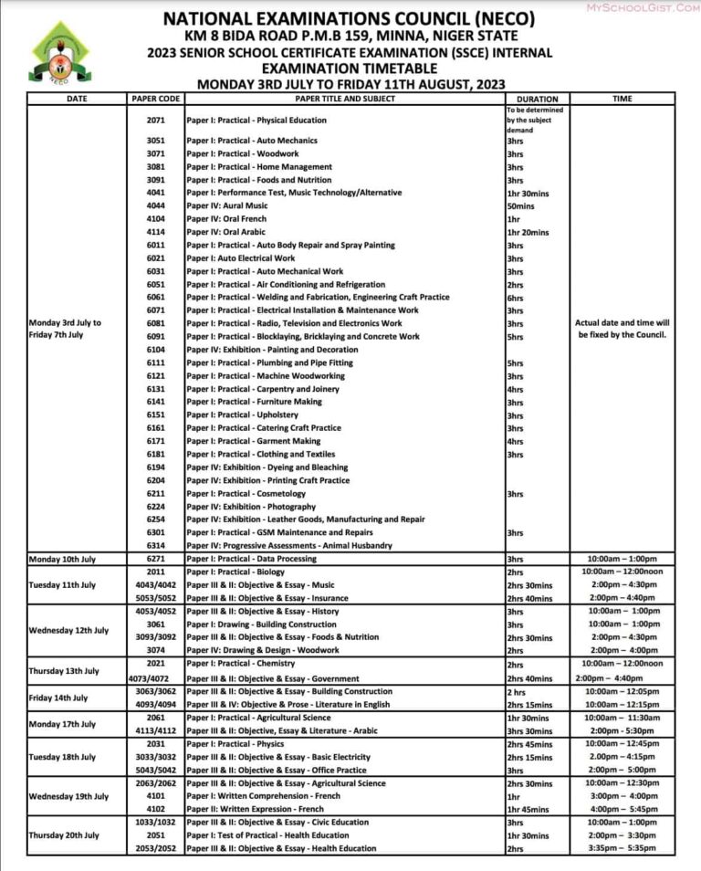 NECO Timetable Schedule for Student 2024